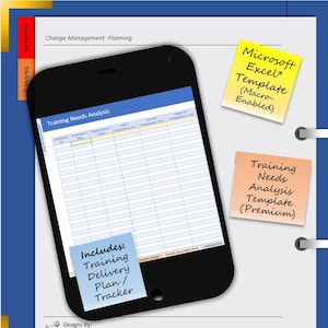 Op de afbeelding: Een zwarte smartphone toont een "Training Needs Analysis" spreadsheet. Er zijn plaknotities met de tekst: "Microsoft Excel Template (Macro-Enabled)", "Training Needs Analysis Template (Premium)" en "Includes: Training Delivery Plan/Tracker". De achtergrond is blauw.
