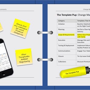 May include: A digital notebook with a smartphone displaying a template, and sticky notes with text. The notebook has tabs labeled Planning, Scope & Req, Execution, and more. A yellow highlighter pen is also visible.