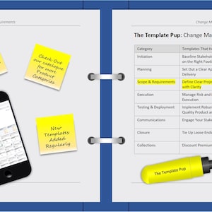 K&ouml;nnte beinhalten: Ein digitales Notizbuch mit einem Smartphone, das eine Vorlage anzeigt, Haftnotizen mit Text und einen gelben Textmarker. Die Seiten des Notizbuchs enthalten einen Change-Management-Katalog mit Kategorien und Beschreibungen.