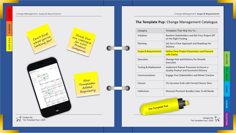 K&ouml;nnte beinhalten: Ein digitales Notizbuch mit einem Smartphone, das eine Vorlage anzeigt, Haftnotizen mit Text und einen gelben Textmarker. Die Seiten des Notizbuchs enthalten einen Change-Management-Katalog mit Kategorien und Beschreibungen.