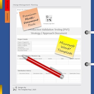 Może przedstawiać: Szablon dokumentu zatytułowany "Production Validation Testing (PVT) Strategy / Approach Document". Zawiera karteczki samoprzylepne z tekstem "Premium Multi-Document Pack" i "Microsoft Word Template". Na dokumencie leży czerwony długopis.