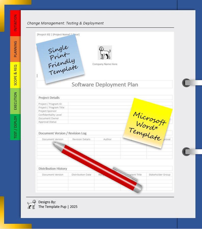 K&ouml;nnte beinhalten: Eine Vorlage f&uuml;r einen Software-Implementierungsplan mit einem roten Stift, blauen und gelben Haftnotizen. Auf der blauen Haftnotiz steht &bdquo;Single Print-Friendly Template&ldquo;. Auf der gelben Haftnotiz steht &bdquo;Microsoft Word Template&ldquo;.