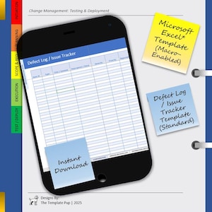 May include: A digital document titled "Defect Log / Issue Tracker" displayed on a smartphone screen. The image includes sticky notes with text: "Microsoft Excel Template (Macro-Enabled)", "Defect Log / Issue Tracker Template (Standard)", and "Instant Download".
