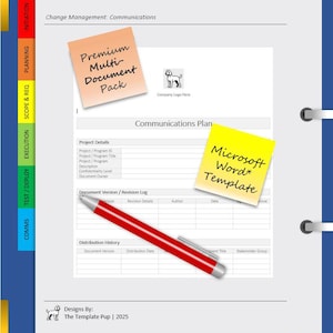 May include: A document with a blue cover and a white interior, featuring a red pen, yellow and orange sticky notes with text. The notes read "Premium Multi-Document Pack" and "Microsoft Word Template". The document is labeled "Change Management: Communications".