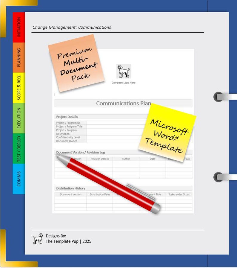 May include: A document template with a blue cover, featuring sticky notes with the text "Premium Multi-Document Pack" and "Microsoft Word Template." A red pen rests on the document, which includes a "Communications Plan" section.