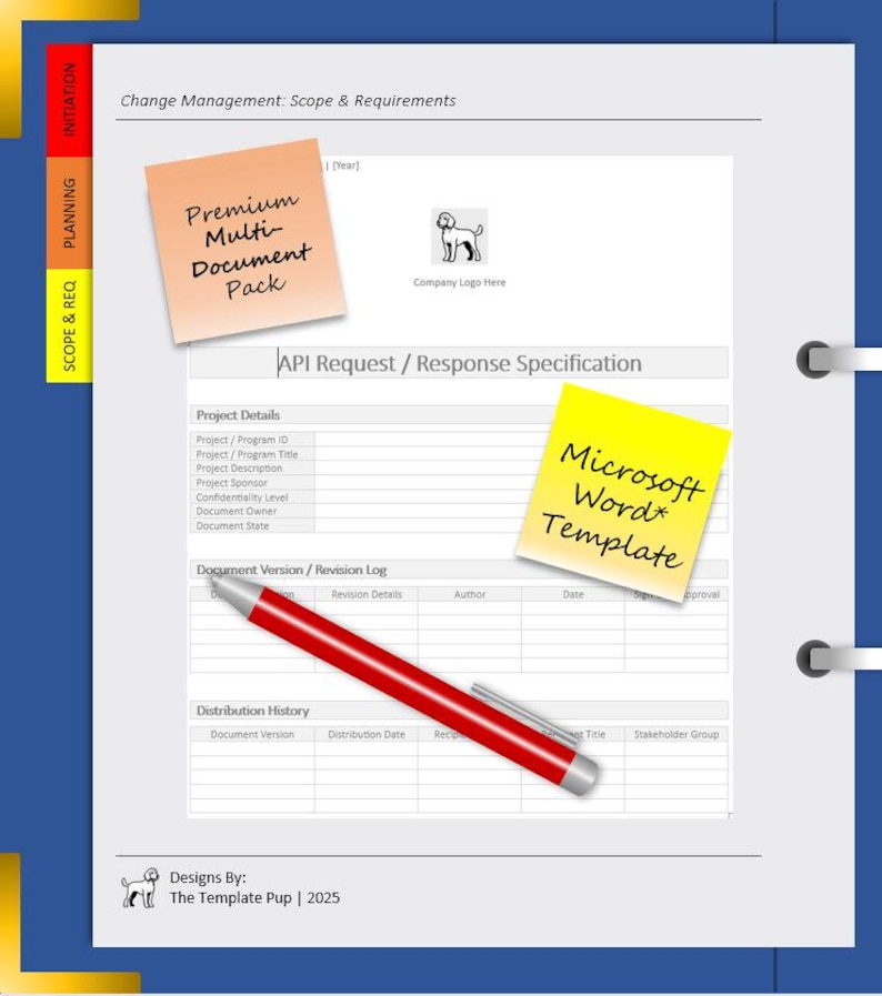 May include: A document template with a red pen, yellow and orange sticky notes. The sticky notes read "Premium Multi-Document Pack" and "Microsoft Word Template". The document includes sections for project details and revision logs. The document is labeled "Change Management: Scope & Requirements".