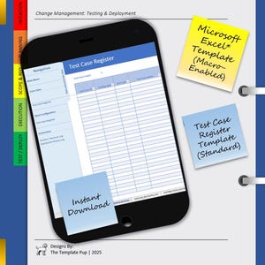 May include: A smartphone displays a "Test Case Register" spreadsheet template. Three sticky notes read "Microsoft Excel Template (Macro-Enabled)", "Test Case Register Template (Standard)", and "Instant Download". The image is on a blue background.