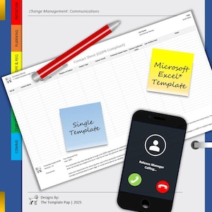 May include: A business document with a red pen, sticky notes, and a smartphone. The document is labeled "Contact Sheet (GDPR-Compliant)" and includes sticky notes that say "Single Template" and "Microsoft Excel Template". The smartphone displays a call screen.