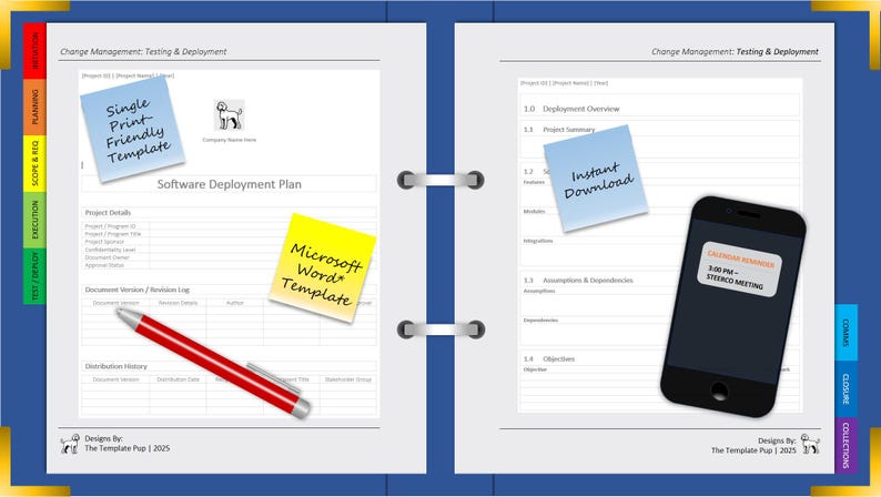 K&ouml;nnte beinhalten: Ein blauer Ordner mit einem Software-Bereitstellungsplan, Haftnotizen und einem roten Stift. Die linke Seite zeigt Notizen mit "Single Print-Friendly Template" und "Microsoft Word Template". Die rechte Seite zeigt ein Smartphone und eine Notiz "Instant Download".