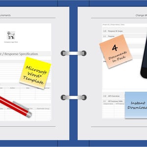 May include: Open notebook with documents, sticky notes, and a smartphone. The sticky notes read "Premium Multi-Document Pack", "Microsoft Word Template", "4 Documents In Pack", and "Instant Download". A red pen is also visible.