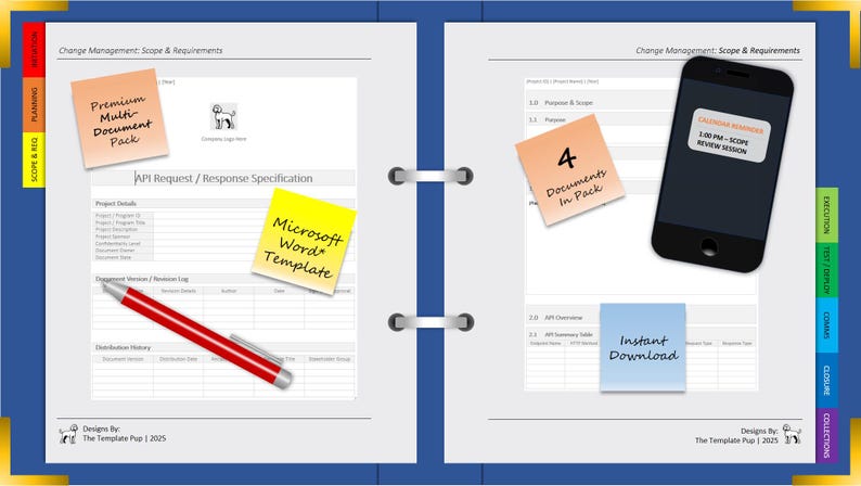 May include: Open notebook with documents, sticky notes, and a smartphone. The sticky notes read "Premium Multi-Document Pack", "Microsoft Word Template", "4 Documents In Pack", and "Instant Download". A red pen is also visible.