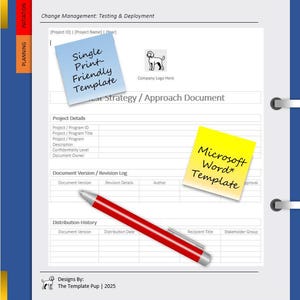 Może przedstawiać: Szablon dokumentu z niebieską okładką, z czerwonym długopisem i karteczkami samoprzylepnymi z napisem "Single Print-Friendly Template" i "Microsoft Word Template". Dokument zawiera sekcje dotyczące szczegółów projektu, dzienników rewizji i historii dystrybucji.
