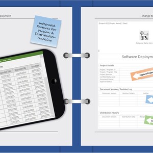 K&ouml;nnte beinhalten: Ein digitales Dokument mit einer Tabelle, die auf einem Smartphone angezeigt wird, zusammen mit einem gedruckten Software-Implementierungsplan. Das Bild enth&auml;lt Haftnotizen mit Text wie "Audit-Ready Templates" und "Integrated Features". Das Dokument dient dem &Auml;nderungsmanagement, dem Testen und der Bereitstellung.