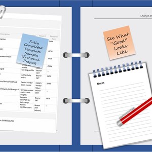 May include: An open notebook with a spiral binding, a red pen, and sticky notes with text. The left page shows a document with a table and sticky notes that say "PDF Document" and "Fully Completed Template Sample (Fictional Project)".