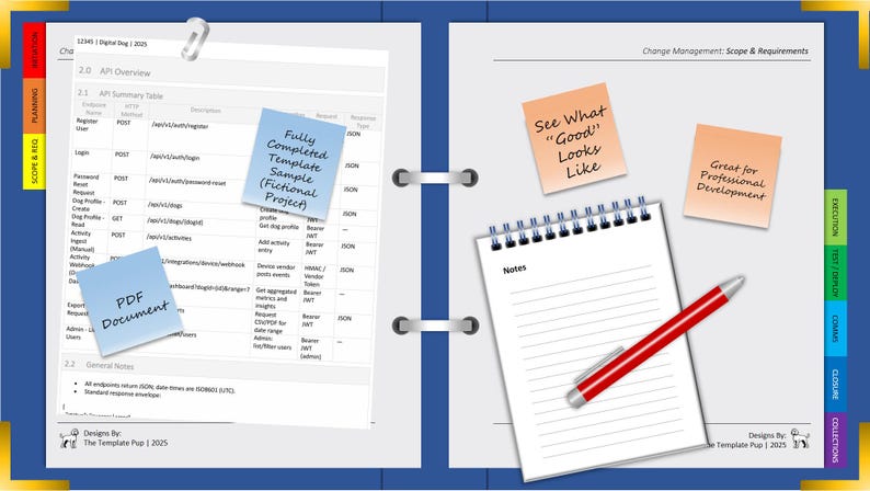 May include: An open notebook with a spiral binding, a red pen, and sticky notes with text. The left page shows a document with a table and sticky notes that say "PDF Document" and "Fully Completed Template Sample (Fictional Project)".