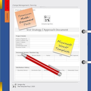 Może przedstawiać: Dokument z czerwonym długopisem, dwoma karteczkami samoprzylepnymi i niebieską okładką. Na karteczkach napisano "Premium Multi-Document Pack" i "Microsoft Word Template". Dokument zatytułowany "Test Strategy / Approach Document".