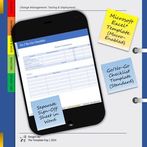 May include: A smartphone displays a "Go/No-Go Checklist" document. Yellow and blue sticky notes are attached, reading "Microsoft Excel Template (Macro-Enabled)" and "Go/No-Go Checklist Template (Standard)." Another note says "Separate Sign-Off Sheet in Word."