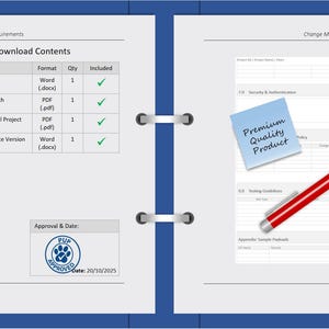 May include: Open notebook with a red pen, a blue sticky note reading "Premium Quality Product", and a red stamp. The left page lists downloadable content from "The Template Pup".