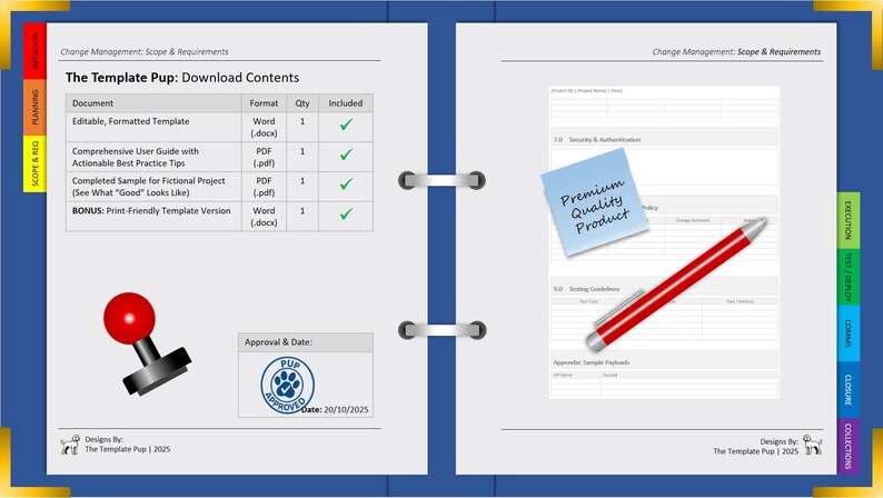 May include: Open notebook with a red pen, a blue sticky note reading "Premium Quality Product", and a red stamp. The left page lists downloadable content from "The Template Pup".