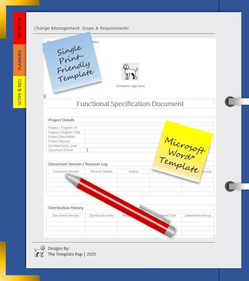 K&ouml;nnte beinhalten: Eine Dokumentvorlage mit einem roten Stift, blauen und gelben Haftnotizen. Die Haftnotizen lauten "Single Print-Friendly Template" und "Microsoft Word Template". Das Dokument tr&auml;gt den Titel "Functional Specification Document".