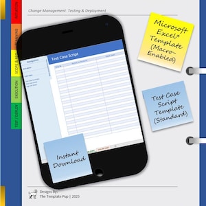 Może przedstawiać: Smartfon wyświetlający dokument „Test Case Script” z niebieskim nagłówkiem. Żółte i niebieskie karteczki samoprzylepne z napisami „Microsoft Excel Template (Macro-Enabled)” i „Test Case Script Template (Standard)”. Niebieska karteczka z napisem „Instant Download”.