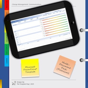 Puede incluir: Una tableta negra que muestra una hoja de cálculo de gestión de proyectos con barras de progreso codificadas por colores. Dos notas adhesivas dicen "Microsoft PowerPoint Template" y "Multi-Document Pack (Premium)". La imagen está sobre un fondo blanco con detalles en azul y amarillo.