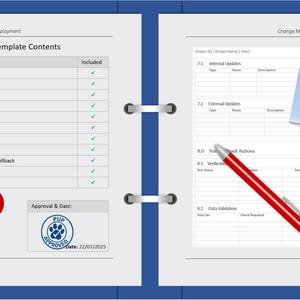 K&ouml;nnte beinhalten: Ein Vorlagendokument mit dem Titel "The Template Pup" mit einem blauen Ordnerdesign. Das Dokument enth&auml;lt Abschnitte zu &Auml;nderungsmanagement, Rollback-Schritten und einem Glossar. Ein roter Stift und ein Stempel sind ebenfalls sichtbar.