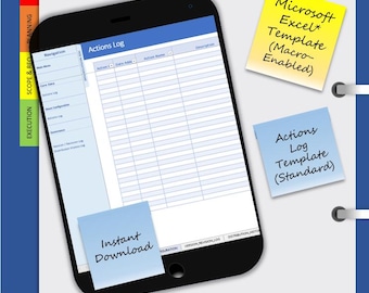 Pode incluir: Design de documento digital com um smartphone exibindo um modelo "Actions Log". Notas autocolantes com as frases "Microsoft Excel Template (Macro-Enabled)", "Actions Log Template (Standard)" e "Instant Download". Há também uma barra lateral codificada por cores.