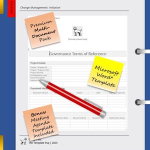 Puede incluir: Una plantilla de documento con notas adhesivas que dicen "Premium Multi-Document Pack", "Microsoft Word Template" y "Bonus: Meeting Agenda Template Included". Un bolígrafo rojo descansa sobre el documento. El documento se titula "Change Management: Initiation".