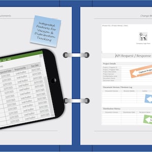 May include: A digital document template displayed on a smartphone and a binder. The smartphone shows an audit document form. The binder pages have text and sticky notes with phrases like "Audit-Ready Templates" and "Integrated Features".