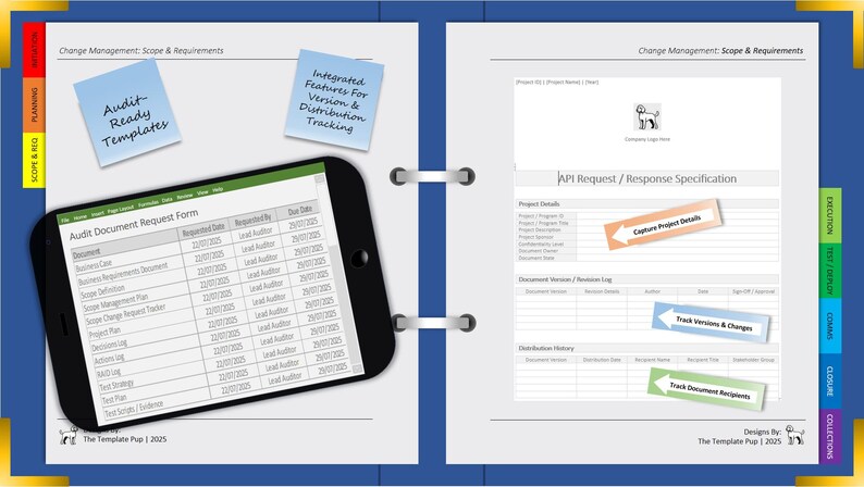 May include: A digital document template displayed on a smartphone and a binder. The smartphone shows an audit document form. The binder pages have text and sticky notes with phrases like "Audit-Ready Templates" and "Integrated Features".