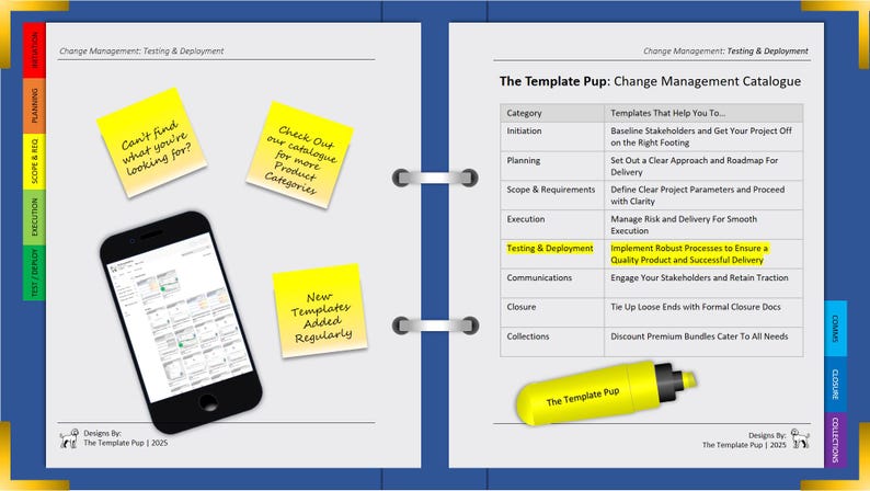 K&ouml;nnte beinhalten: Ein digitales Dokument mit einem Change-Management-Katalog, Haftnotizen und einem Smartphone. Der Katalog umfasst Kategorien wie Initiierung und Planung. Das Smartphone zeigt eine Webseite an. Ein gelber Textmarker ist ebenfalls vorhanden.