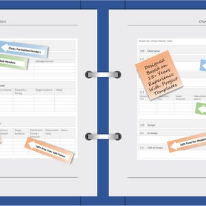 May include: A blue-covered notebook open to two pages with project management templates. The pages have tables and sticky notes with text such as "Clear, Formatted Headers" and "Minimalist Style Makes Your Words Smile".