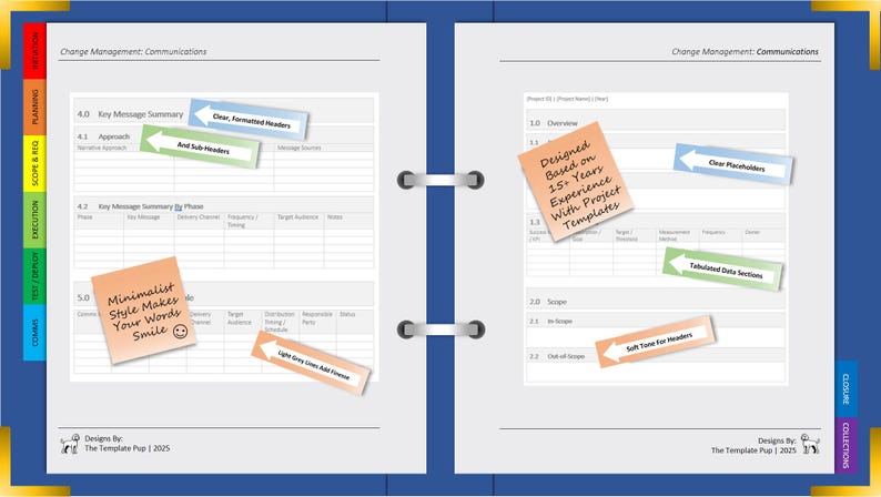 May include: A blue-covered notebook open to two pages with project management templates. The pages have tables and sticky notes with text such as "Clear, Formatted Headers" and "Minimalist Style Makes Your Words Smile".
