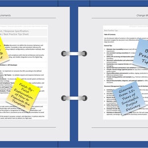 May include: Open notebook with pages displaying text and sticky notes. The notes read: "User Guide Explains Purpose & Content", "Field-By-Field Explanation of How to Populate the Template", "Best Practice Tips", and "Gleaned From 15+ Years of Successful Project Delivery".