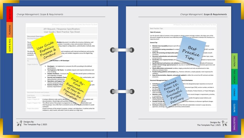 May include: Open notebook with pages displaying text and sticky notes. The notes read: "User Guide Explains Purpose & Content", "Field-By-Field Explanation of How to Populate the Template", "Best Practice Tips", and "Gleaned From 15+ Years of Successful Project Delivery".