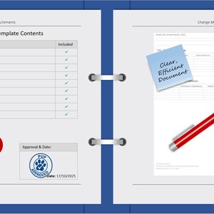 K&ouml;nnte beinhalten: Offenes Notizbuch mit Checkliste, rotem Stift und Stempel. Auf einem Haftzettel steht &bdquo;Klares, effizientes Dokument&ldquo;. Das Notizbuch tr&auml;gt den Titel &bdquo;The Template Pup&ldquo; und hat ein Pfotenabdruck-Logo.