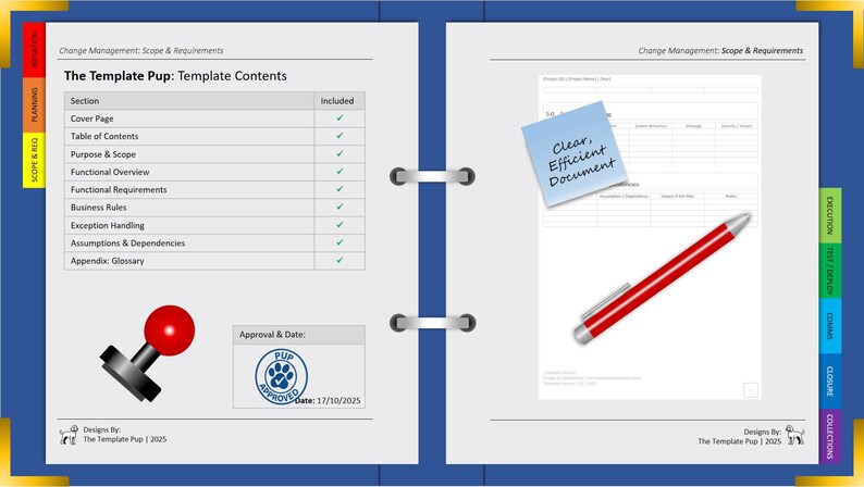 K&ouml;nnte beinhalten: Offenes Notizbuch mit Checkliste, rotem Stift und Stempel. Auf einem Haftzettel steht &bdquo;Klares, effizientes Dokument&ldquo;. Das Notizbuch tr&auml;gt den Titel &bdquo;The Template Pup&ldquo; und hat ein Pfotenabdruck-Logo.
