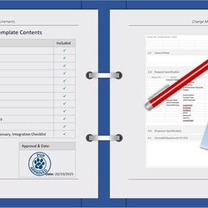 May include: Open notebook with a red pen, a blue sticky note reading "Premium Quality Product," and a stamp. The notebook pages display text about scope and requirements, with a table of contents and a section on request specifications.