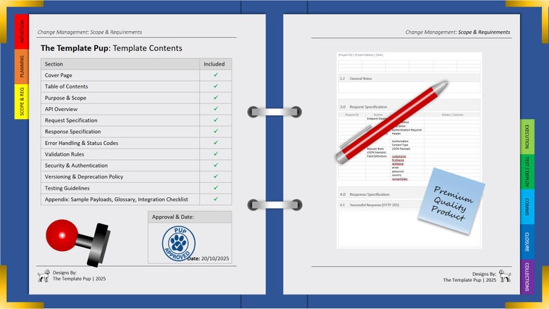 May include: Open notebook with a red pen, a blue sticky note reading "Premium Quality Product," and a stamp. The notebook pages display text about scope and requirements, with a table of contents and a section on request specifications.