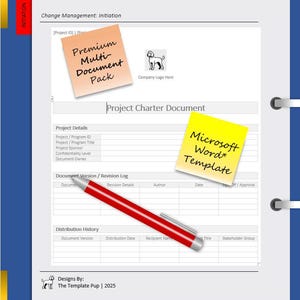 Könnte beinhalten: Ein Dokument mit blauem Rand und einem rot-silbernen Stift. Das Dokument enthält den Text "Change Management: Initiation" und Haftnotizen mit den Aufschriften "Premium Multi-Document Pack" und "Microsoft Word Template".