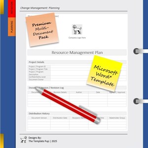 May include: A document template with a red pen, yellow and peach sticky notes. The peach sticky note reads "Premium Multi-Document Pack". The yellow sticky note reads "Microsoft Word Template". The document is labeled "Resource Management Plan".
