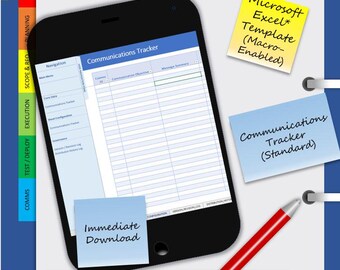 May include: A black smartphone displays a "Communications Tracker" template. Yellow and blue sticky notes read "Microsoft Excel Template (Macro-Enabled)", "Communications Tracker (Standard)", and "Immediate Download". A red pen rests on the page.