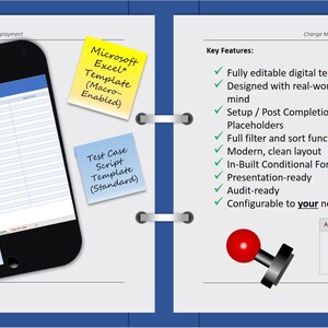May include: A digital template displayed on a smartphone and a notebook. The smartphone shows a test case script. Sticky notes read "Microsoft Excel Template" and "Test Case Script Template". Key features are listed.