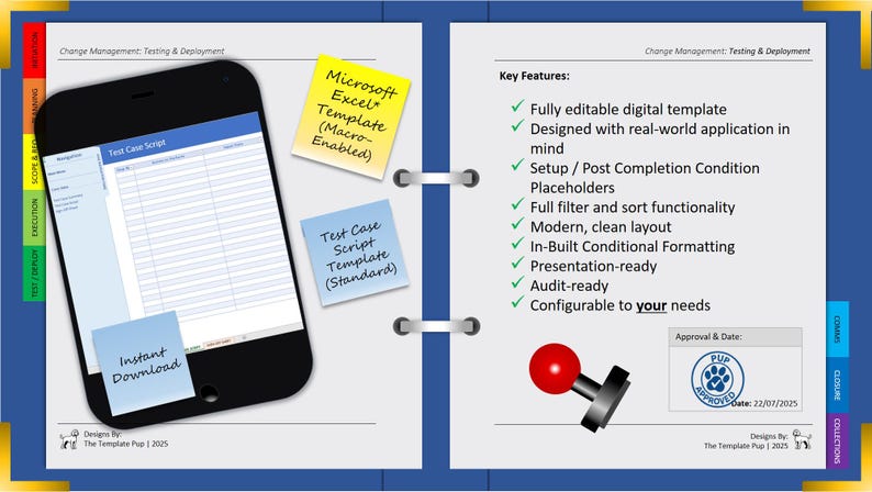 May include: A digital template displayed on a smartphone and a notebook. The smartphone shows a test case script. Sticky notes read "Microsoft Excel Template" and "Test Case Script Template". Key features are listed.