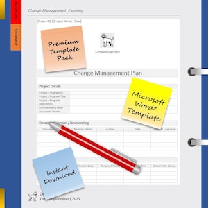 Può includere: Un modello di Piano di Gestione del Cambiamento con note adesive con le etichette "Premium Template Pack", "Microsoft Word Template" e "Instant Download". Una penna rossa è appoggiata sul documento. Il documento è rilegato con una copertina blu.