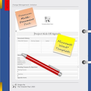 Może przedstawiać: Dokument z czerwonym długopisem, dwoma karteczkami samoprzylepnymi i niebieską teczką. Na karteczkach napisano "Premium Multi Document Pack" i "Microsoft Word Template". Dokument zawiera agendę rozpoczęcia projektu i sekcje historii dokumentów.