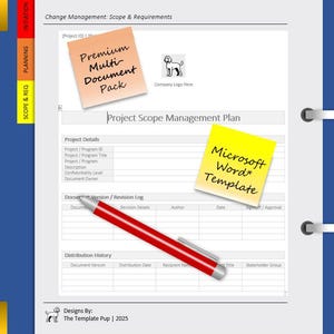 May include: A document titled "Change Management: Scope & Requirements" with sticky notes that read "Premium Multi-Document Pack" and "Microsoft Word Template." A red pen rests on the document. The document has a blue border and tabs labelled "Initiation," "Planning," and "Scope & Req."