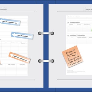 K&ouml;nnte beinhalten: Ein blauer Ordner mit wei&szlig;en Seiten, mit Haftnotizen mit Text wie "Clear, Formatted Headers" und "Minimalist Style Makes Your Words Smile." Der Ordner tr&auml;gt die Aufschrift "Change Management: Scope & Requirements."
