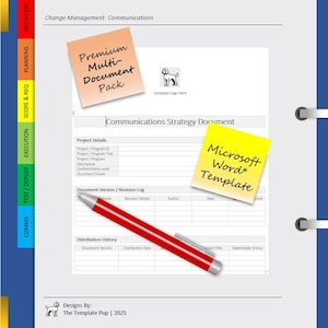 May include: A document with a blue cover, featuring sticky notes that read "Premium Multi-Document Pack" and "Microsoft Word Template." A red pen rests on the document. The document is labeled "Communications Strategy Document."